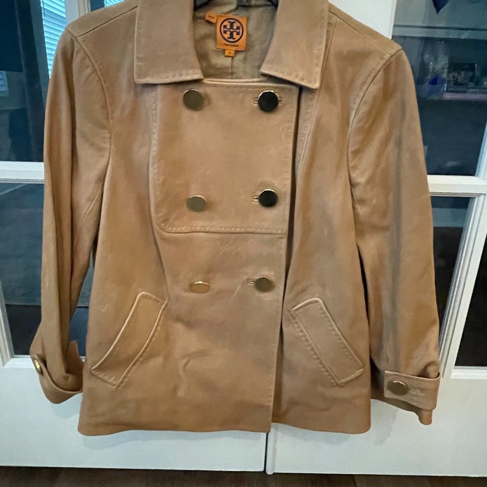 Tory Burch Tan Leather Jacket with Gold Buttons Size 12